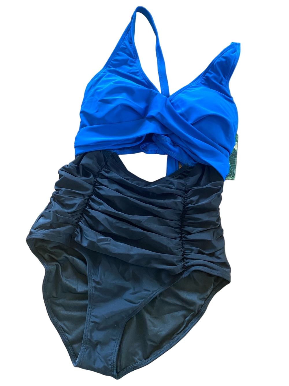 Blooming jellyBlue and Black One-Piece Swimsuit with Twist Front and Ruched